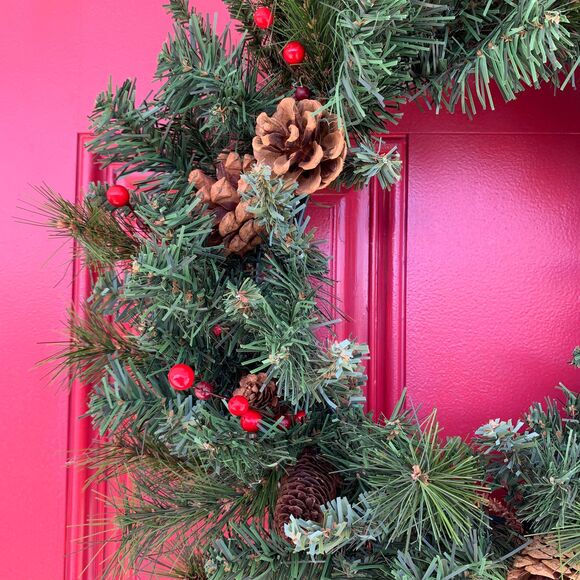 Red Truck Christmas Wreath: Farmhouse Pinecone Berry Door Decor - Picture 2 of 10